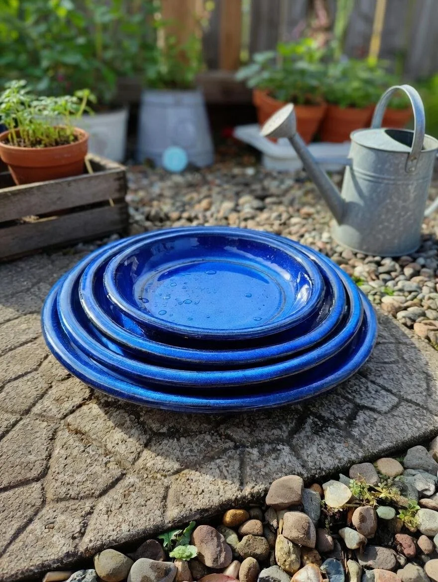 Blue Glazed Plant Pot Saucers | Set of 4 Ceramic Drip Trays for Indoor & Outdoor Use