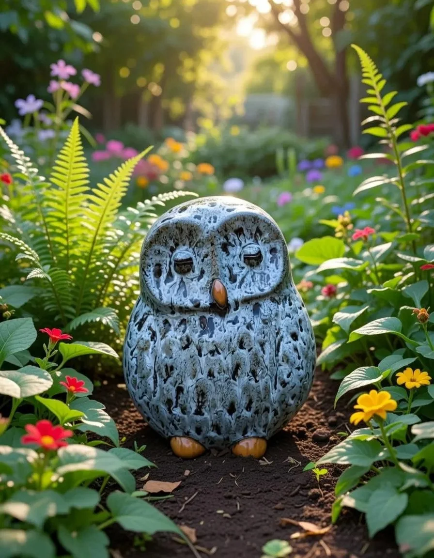 Ceramic Napping Owl Garden Ornament | Grey & Green Owl Decor