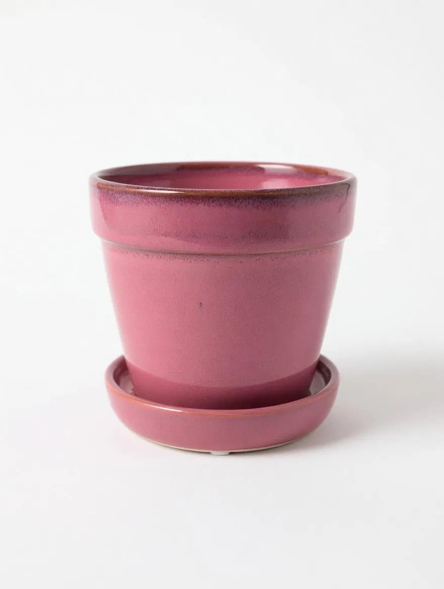 Pink Ceramic Plant Pot with Fixed Saucer - 12cm Modern Planter