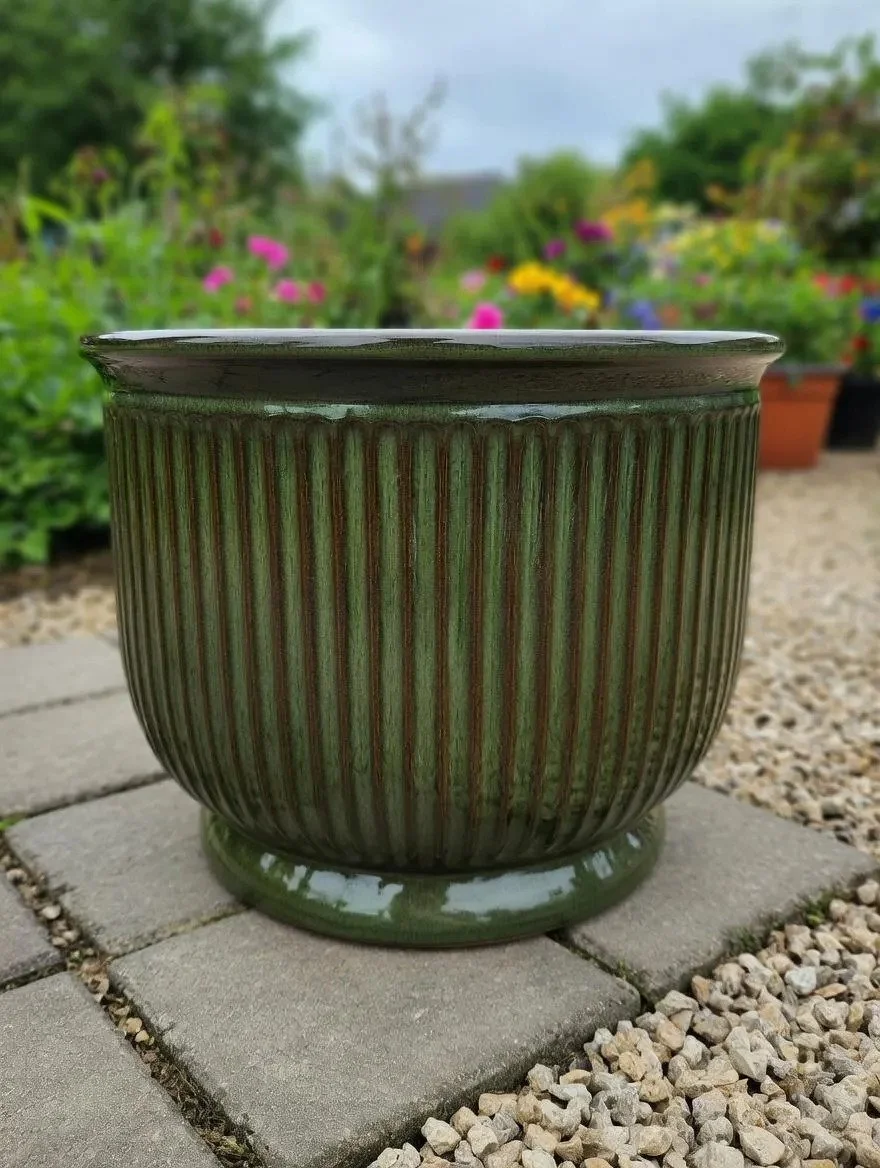 Ribbed Green Ceramic Garden Planter - 26cm, 30cm or 39cm
