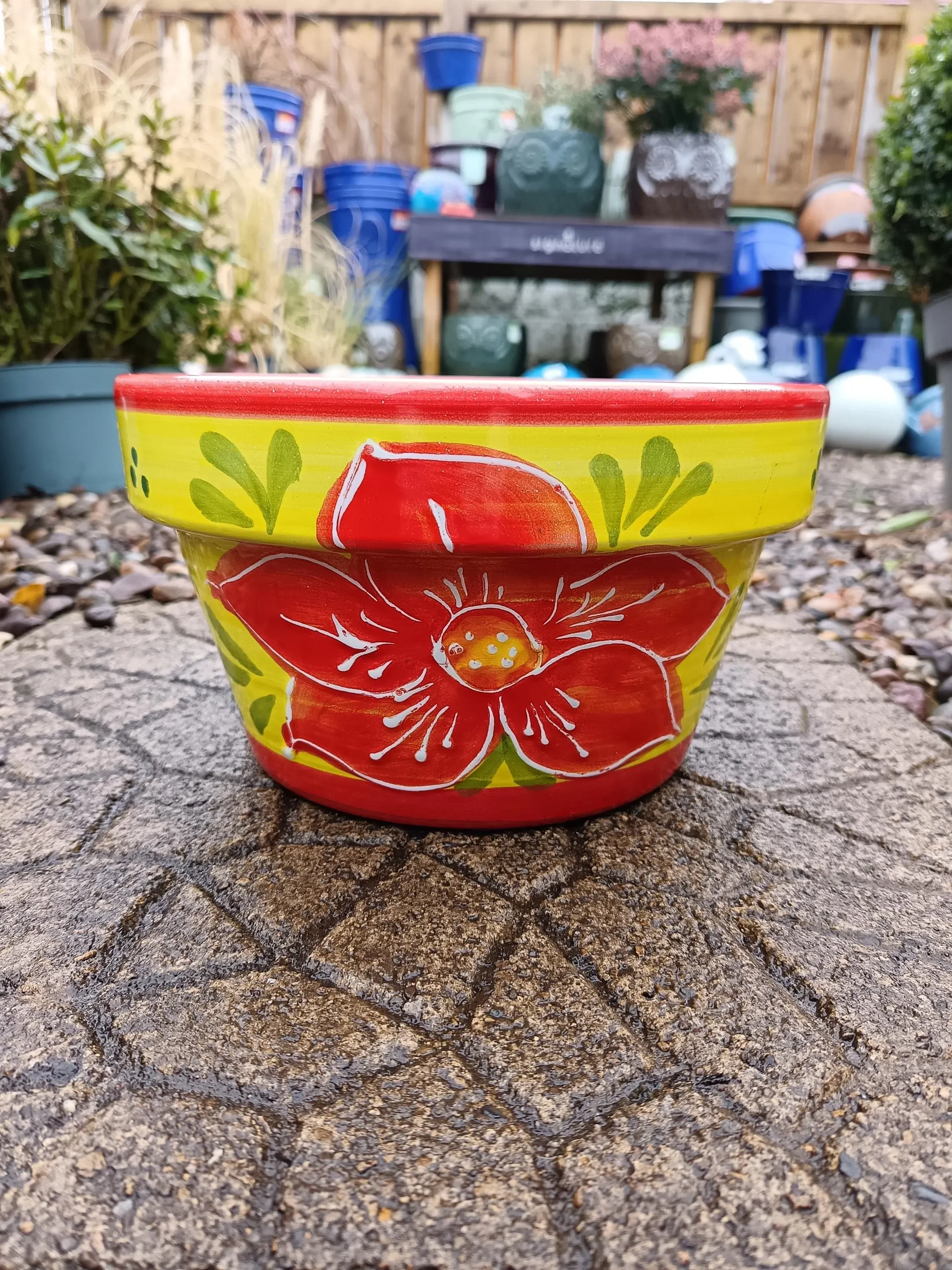 Red Sunflower | Spanish Glazed Half Pot | Handmade Ceramic Planter for Indoor & Outdoor Use