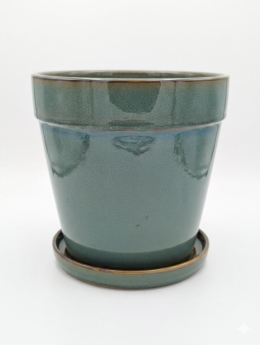 Green Ceramic Plant Pot with Fixed Saucer - 23cm Glazed Planter