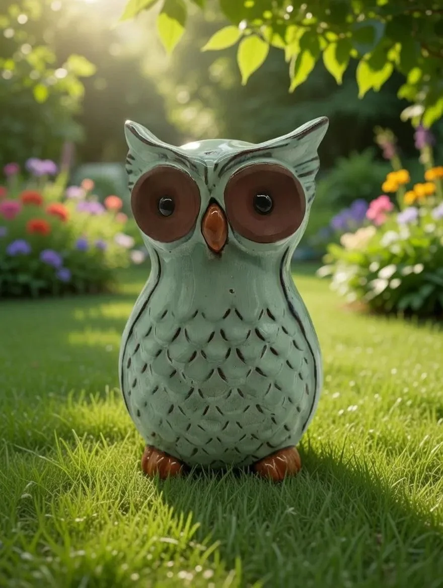 Ceramic Barn Owl Garden Ornament | White & Green