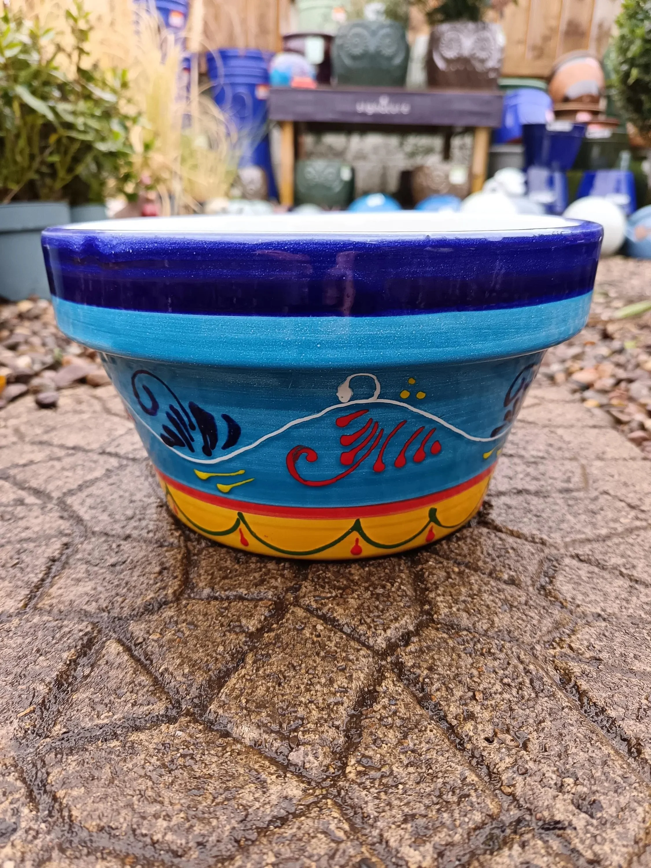 Blue Lines | Spanish Glazed Half Pot | Handmade Ceramic Planter for Indoor & Outdoor Use