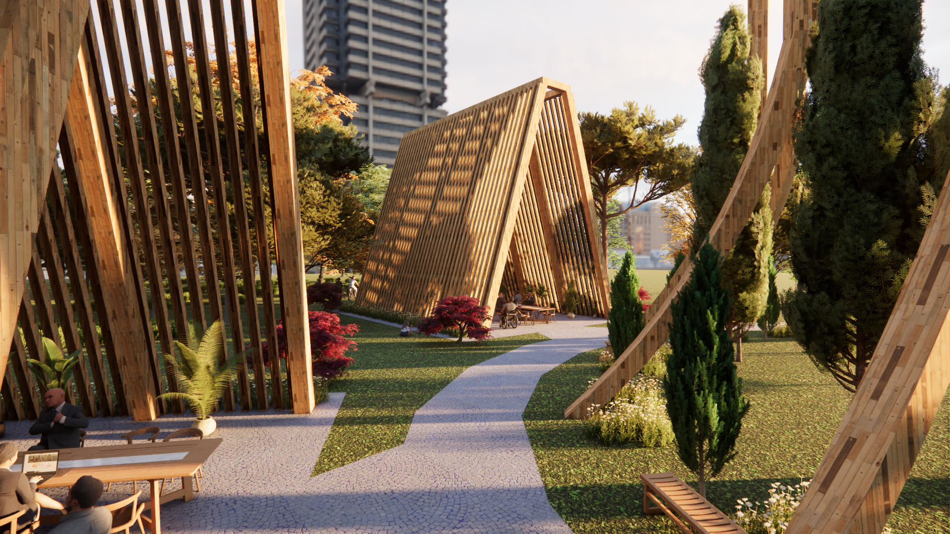 A modern outdoor park with wooden structures, trees, and a paved walk, featuring a triangular wooden pavilion with people seated underneath, and office buildings in the background.