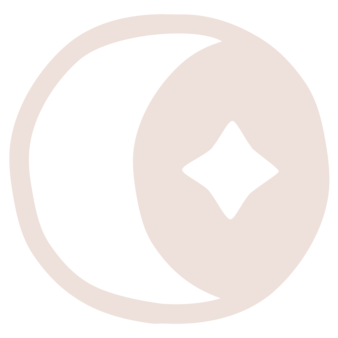 Custom brand icon with cream crescent moon and diamond on a soft gold circle background, symbolizing intuition and energy alignment.