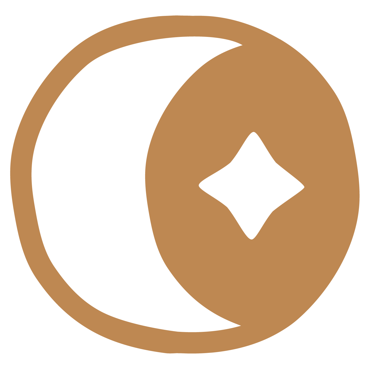 Custom brand icon with white crescent moon and diamond on a soft gold circle background, symbolizing intuition and energy alignment.