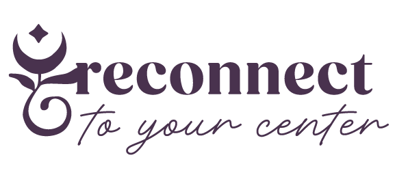 Custom hand-lettered phrase ‘Reconnect to your center’ in three colorways, paired with The Violet Space’s floral crescent logo—inviting clients to return to their energetic core.