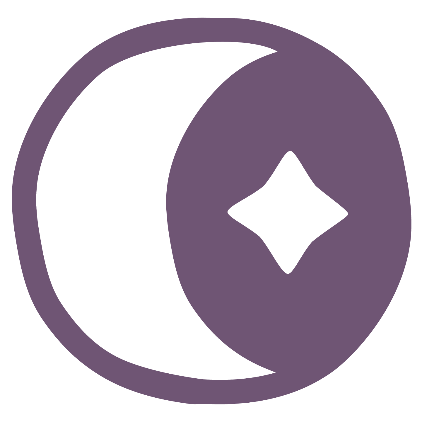 Custom brand icon with purple crescent moon and diamond on a soft gold circle background, symbolizing intuition and energy alignment.