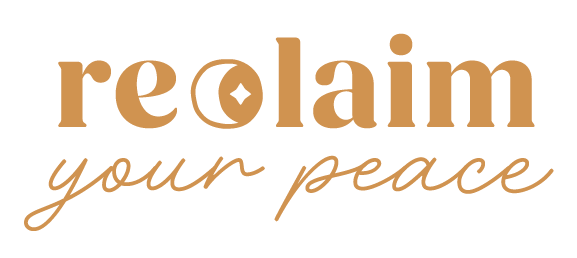 Custom hand-lettered phrase ‘Reclaim your peace’ in soft sage, copper, and blush—reinforcing the brand’s message of energetic renewal and emotional grounding.
