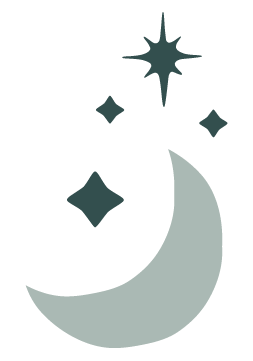Crescent moon icon in sage with radiant diamond and star sparkles—symbolizing intuition, energy alignment, and gentle transformation.