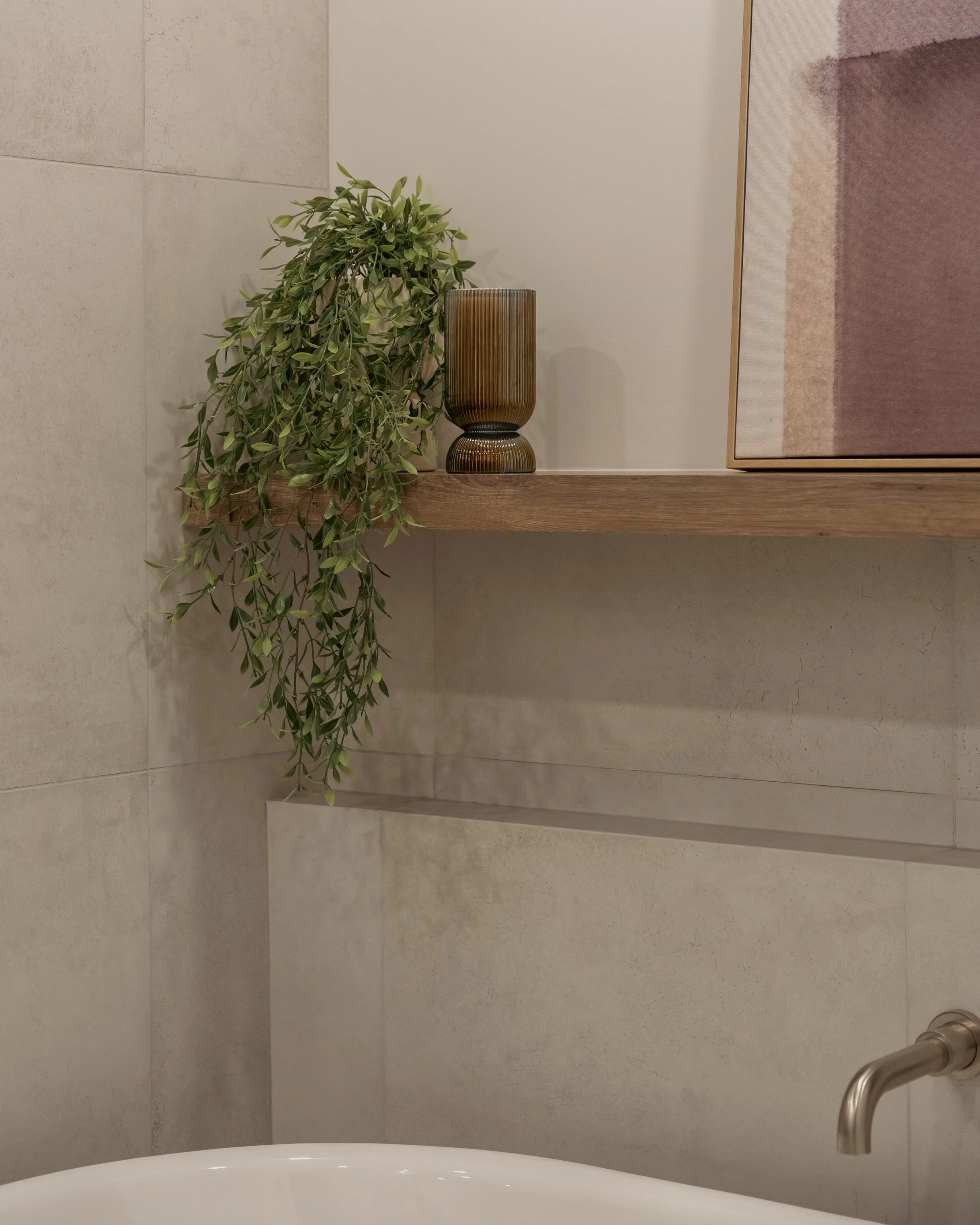 salle de bain, tablette, bain, bois, niche, verdure, robinet mural