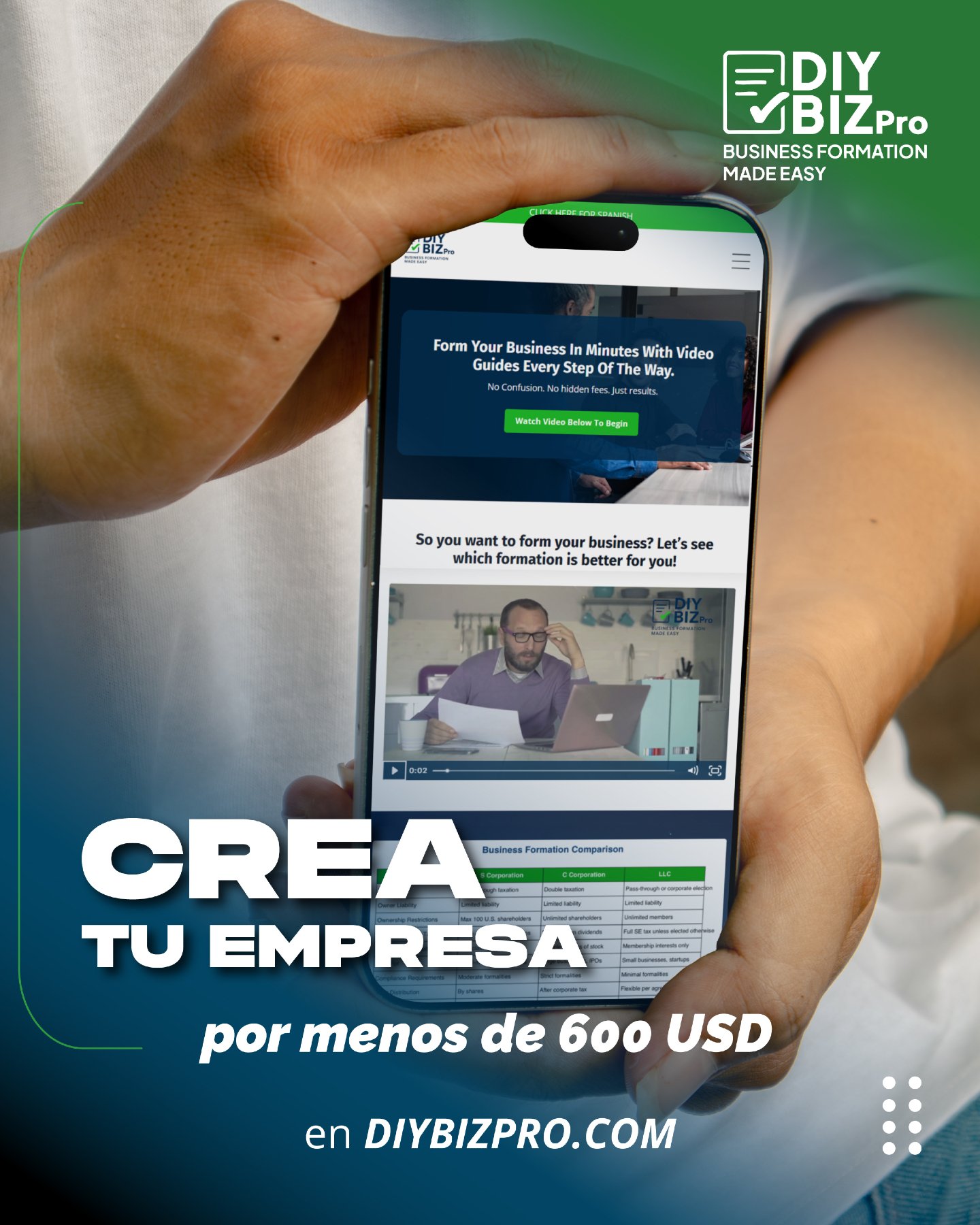 Emprender no tiene por qu&eacute; ser costoso.
Con DIY Biz Pro puedes crear tu empresa en EE. UU. por menos de 600 USD, de manera sencilla, segura y sin costos ocultos.

💡 Elige la estructura legal correcta y nosotros te guiamos paso a paso hasta fo
