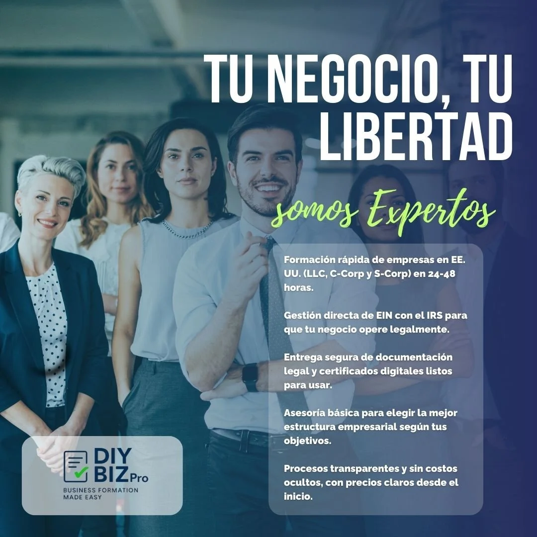 💼✨ Tu negocio, tu libertad empieza aqu&iacute;.
En DIY BIZ Pro hacemos que la formaci&oacute;n de tu empresa en EE. UU. sea r&aacute;pida, clara y sin enredos.

✅ Creaci&oacute;n de LLC, C-Corp o S-Corp en 24-48 horas
✅ Obtenci&oacute;n directa de E