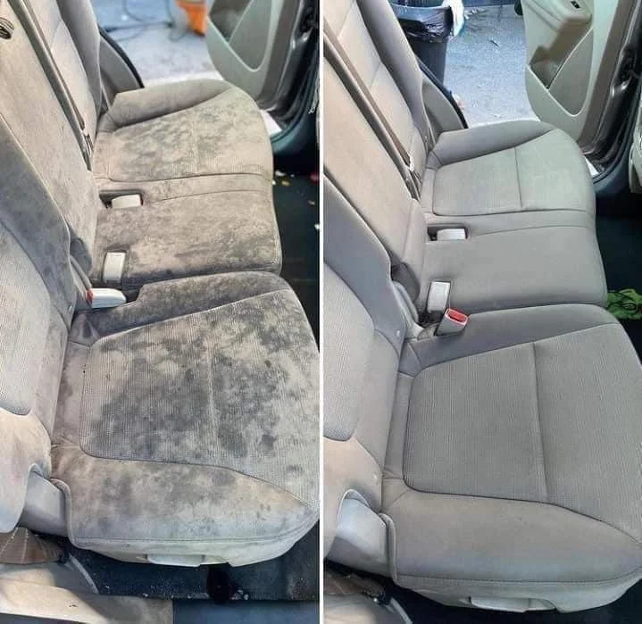 Before and after results of detailed interior valet with carpet shampoo, vacuuming, and odor removal.