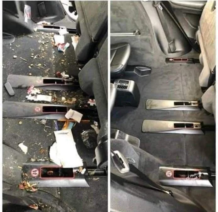 Before and after results of detailed interior valet with carpet shampoo, vacuuming, and odor removal.