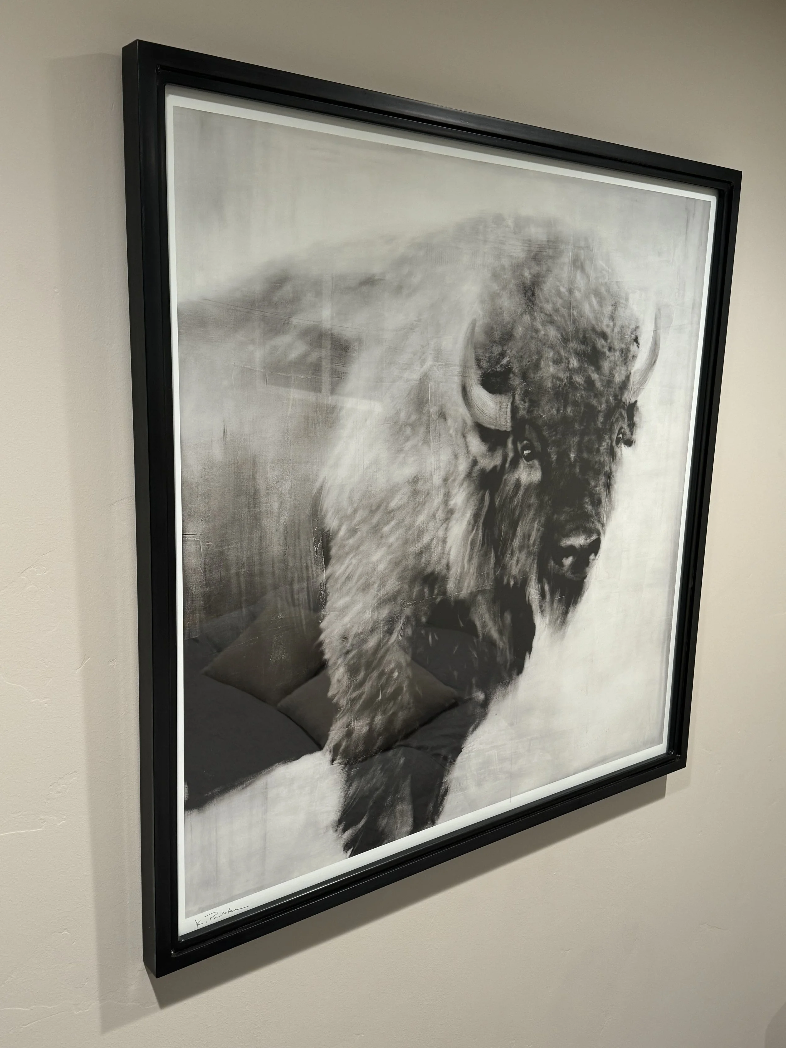 Black and white portrait of a bison with a framed border, hung on a wall.