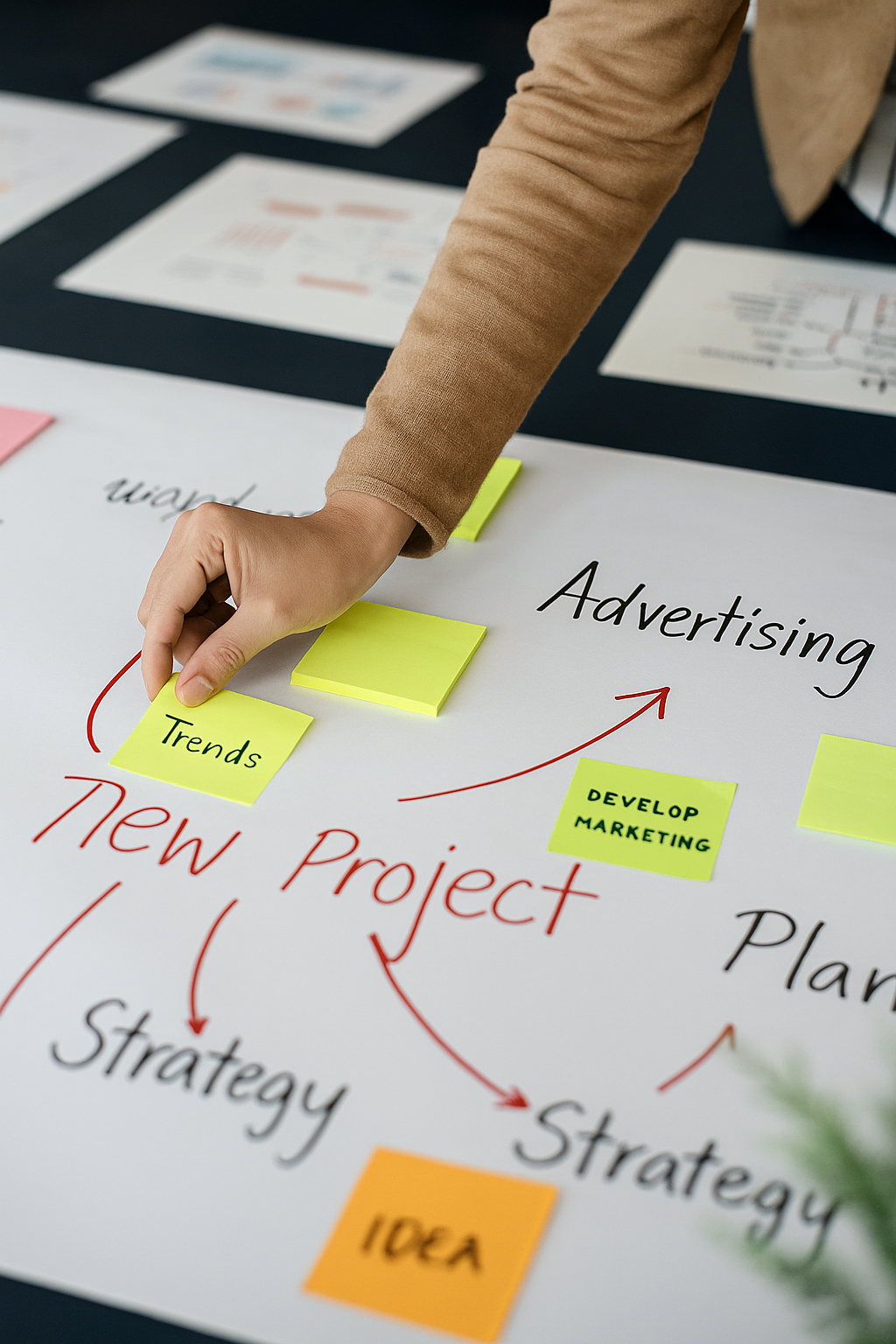 Business planning with strategy, marketing, and project development notes for startups
