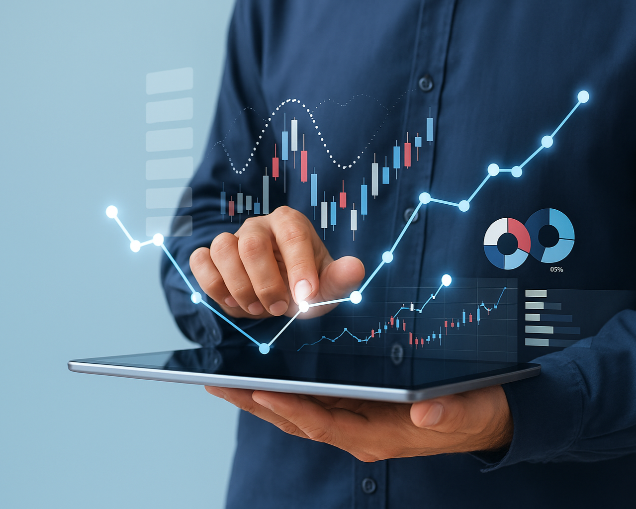 Business professional using tablet with financial analytics, automation, and data reporting charts