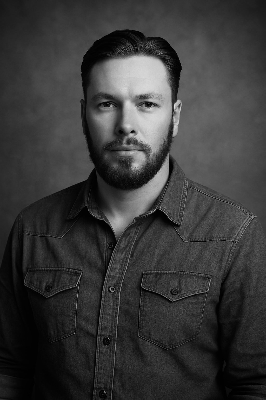 Black and white portrait of a young man with a beard, short hair, and a serious expression, wearing a denim shirt, against a plain background.