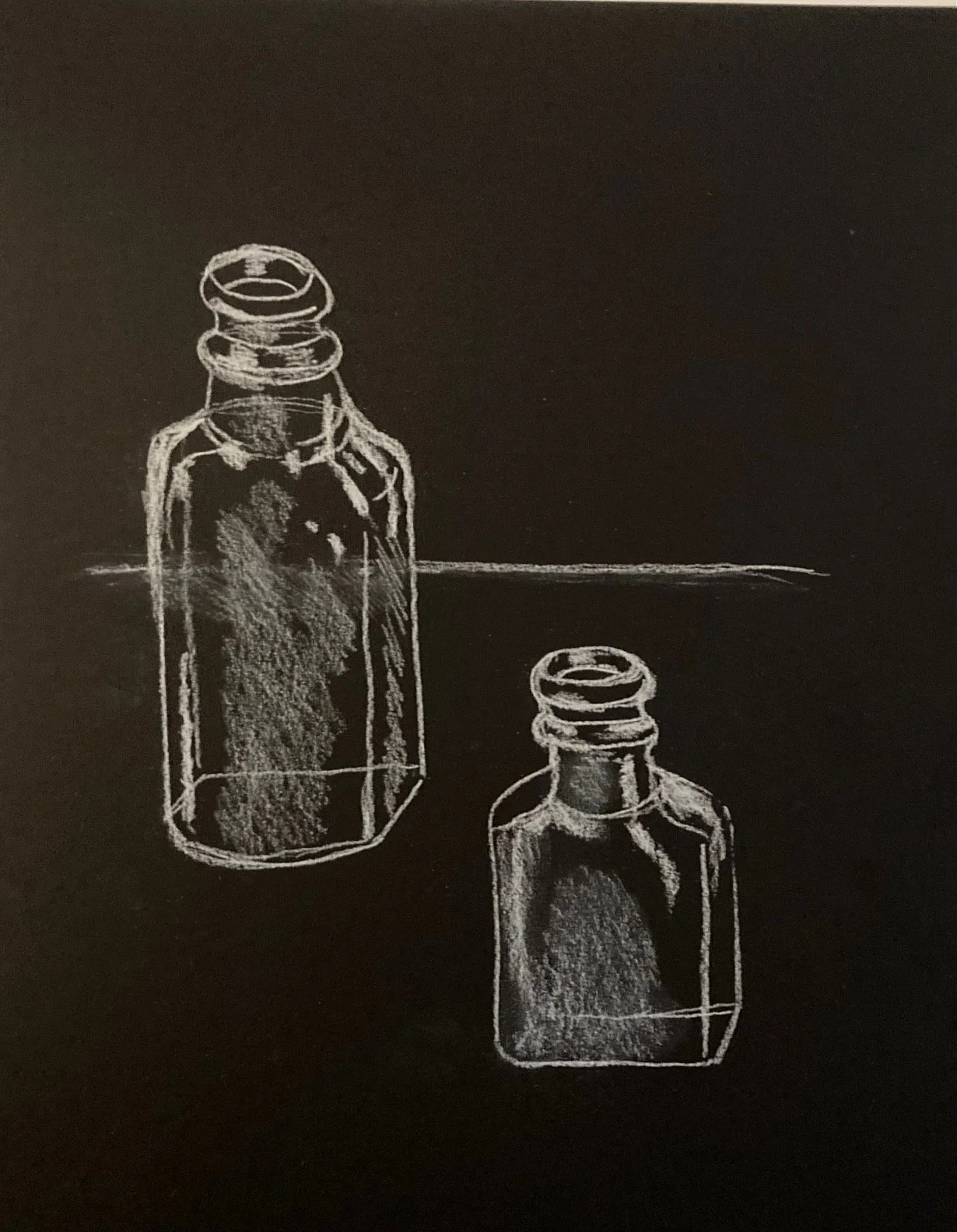 LYNN JACKSON ~ "I wanted to use the black pastel paper that I had on hand. I had some old bottles, so I did a study of them using a Rembrandt white pastel and white pastel pencil. It was challenging as any mistake was hard to erase. I have enjoyed pa
