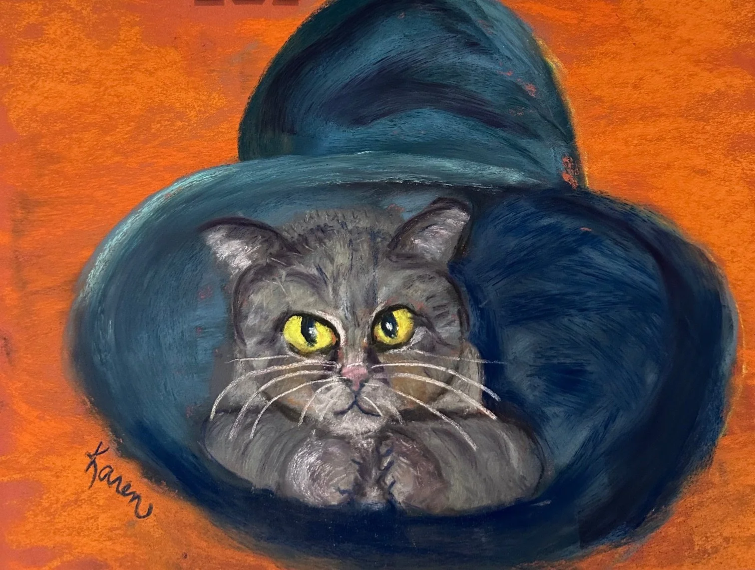 KAREN KNAUB ~ Cat in the Hat, 9 x 11 -
"The hardest part of this challenge was deciding on a book. So I just kept it simple.  Thank you for another fun challenge." 