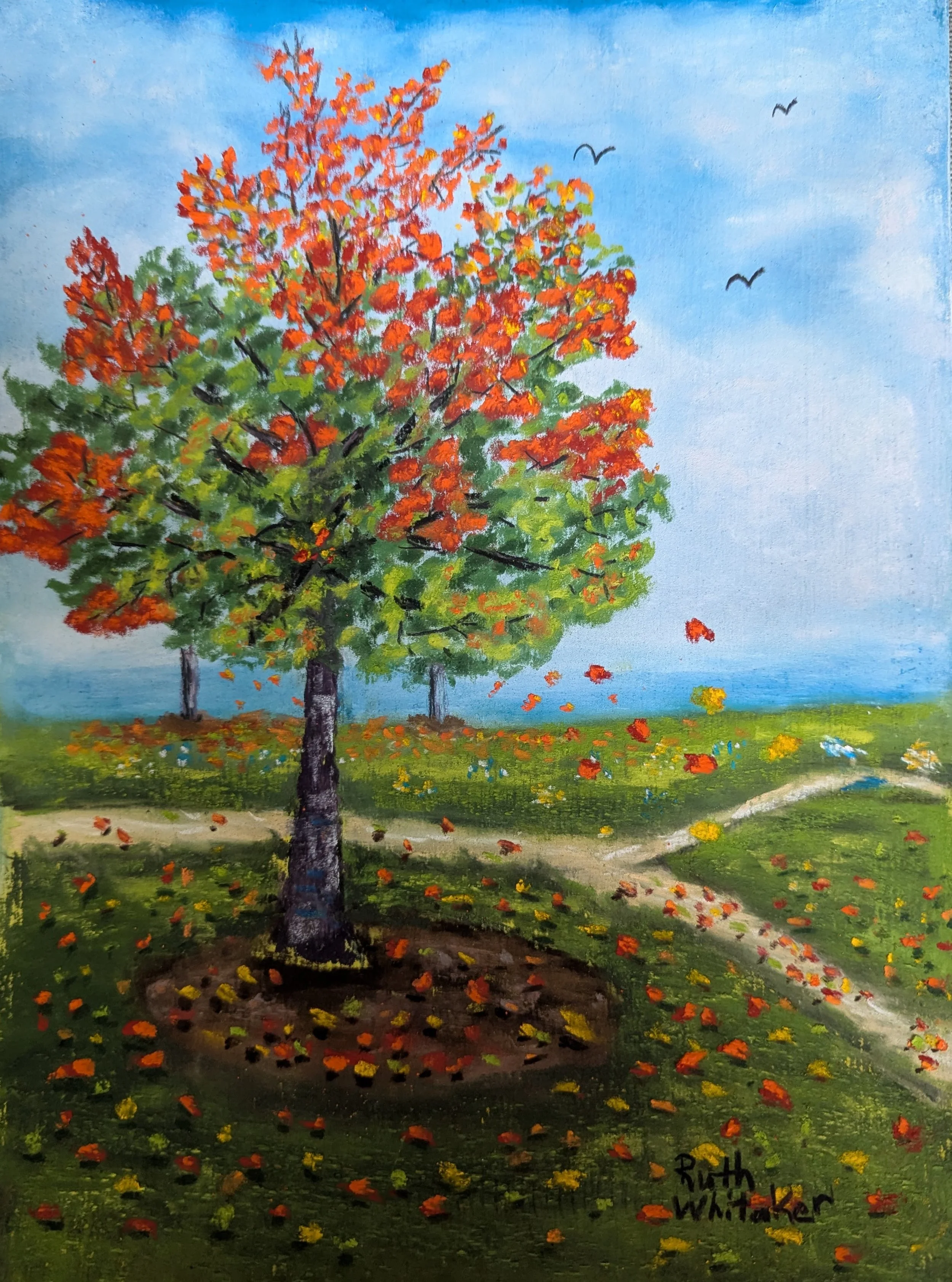 RUTH CROWE ~ Falling Leaves, 12 x 9, Uart 400 lb. paper - "Fall trees are one of my favorite things to paint. This was done from my own reference photo, taken at the park in Blowing Rock. I used assorted Sennelier and other pastels."