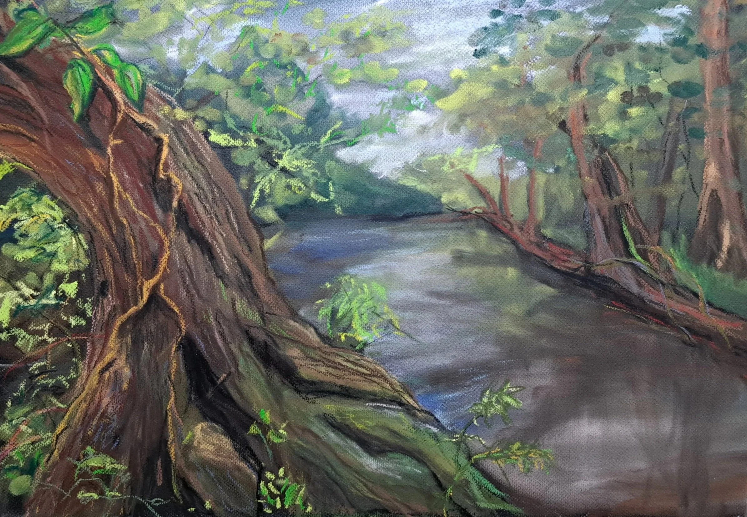 CLAIRE BENTON ~ River View in the Park, 7.5 x 10.7, Maimoufin sanded black paper - 
"Used any pastel I put my hands on."