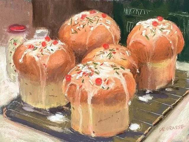 DIANE DE GRASSE ~ Holiday Fare, 9 x 12, mixed pastels on Colorfix Art Spectrum paper - "The holiday season means baking to me: gifts for friends and family. Last year I painted this group of my Kulich, or Russian Easter breads, fresh from the kitchen