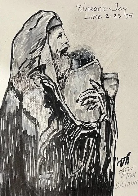 VERNONA HEARNE ~ "Recently I saw Ron DiCianni’s work for the first time.  His “Simeon’s Moment,” overwhelmed me with joy. After seeing this work I googled the artist and read his exciting life’s calling as a Christian artist. I sketched his painting,