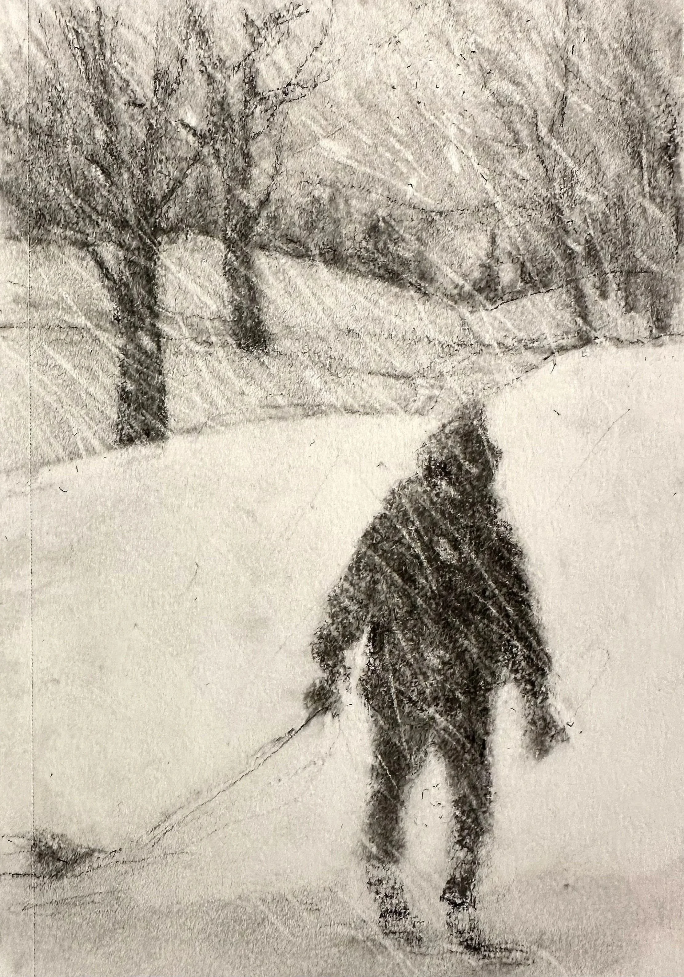 PAT QUIGLEY ~ "I started this as a charcoal sketch thinking it might lead to a pastel holiday card; but something about the tonal study makes me think color might change the mood. The snow was fast and fun to do - all “negative lifting” with an erase