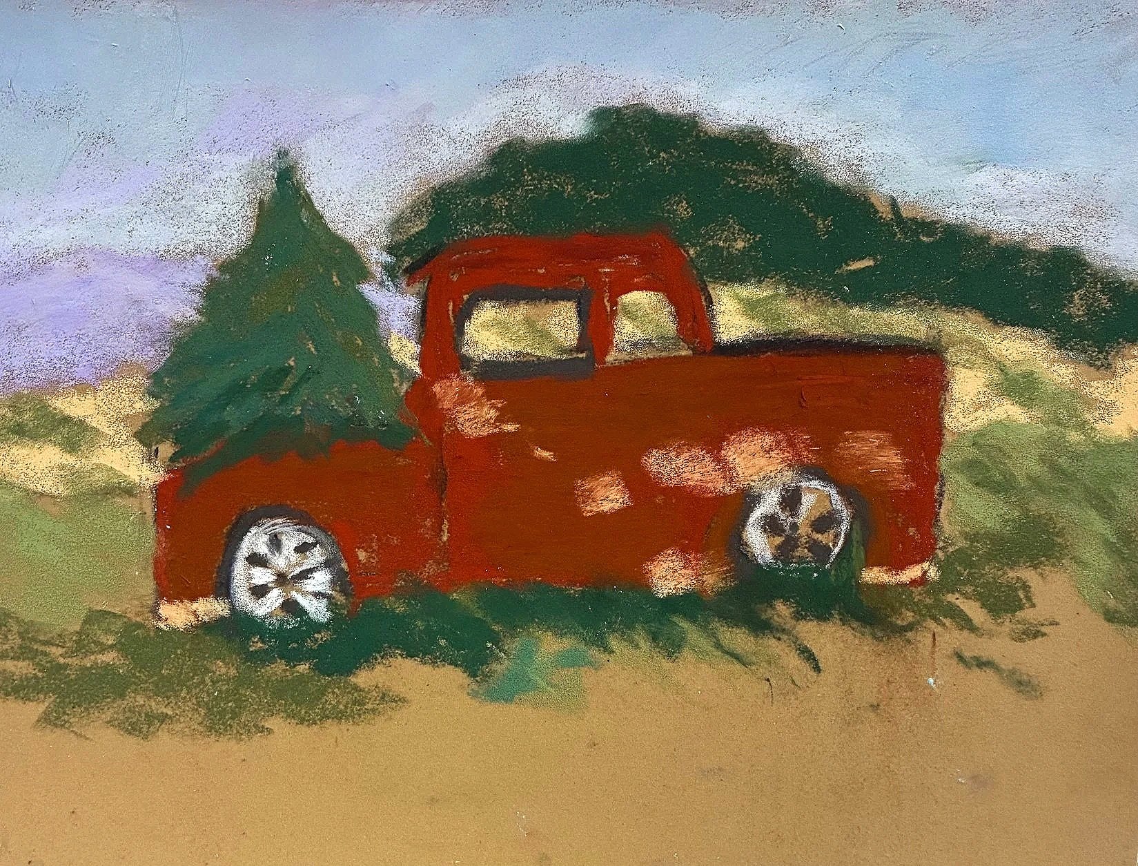 NANCY CLAUSEN ~ The Tree Planter, 9 x 12 - "This will go to my grandson when it's finished. Apparently, there is a song about a rusty truck with a Christmas tree in it. (Family joke, I think). I hope everyone has a wonderful holiday."