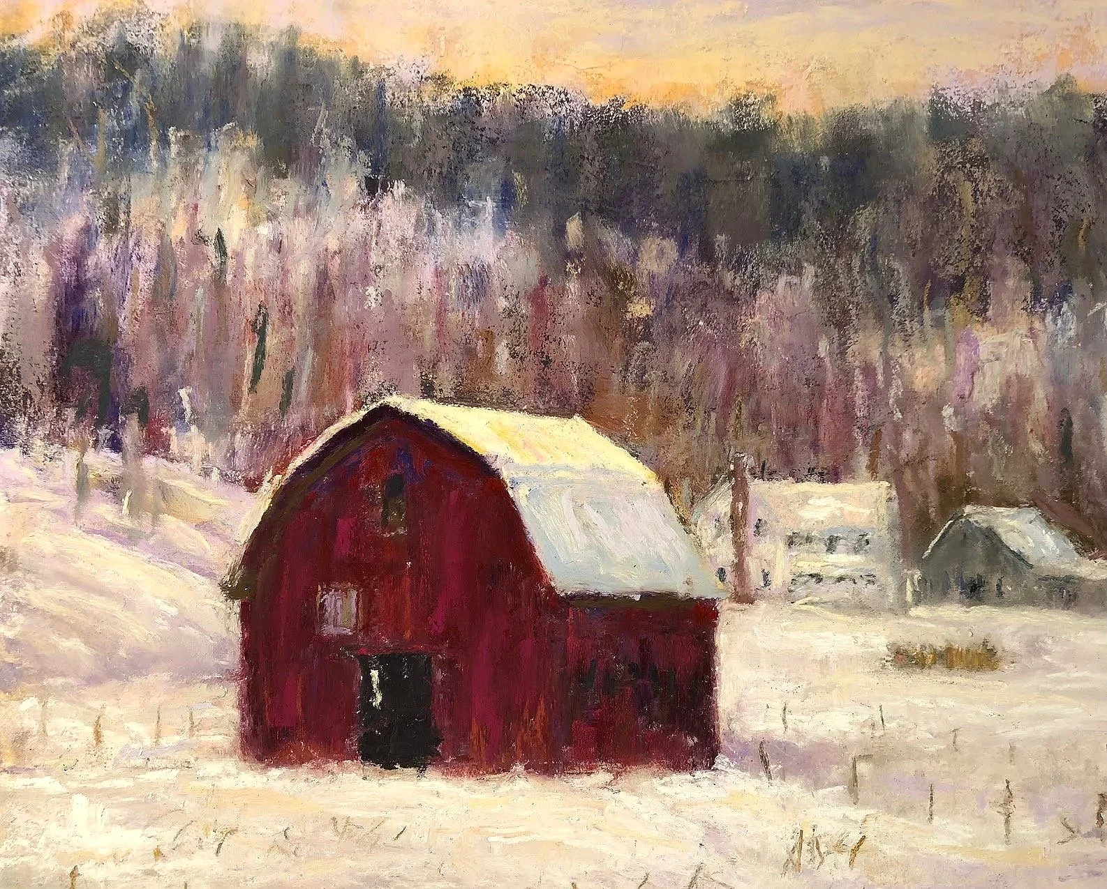 JANE BEST ~ Winter Solstice, 9 x 12 - "This was an enjoyable adventure. My reference was a photo I took of an old farm from the  back parking lot of Mast General Store in Valley Crucis, NC. Merry Christmas to our great group!"