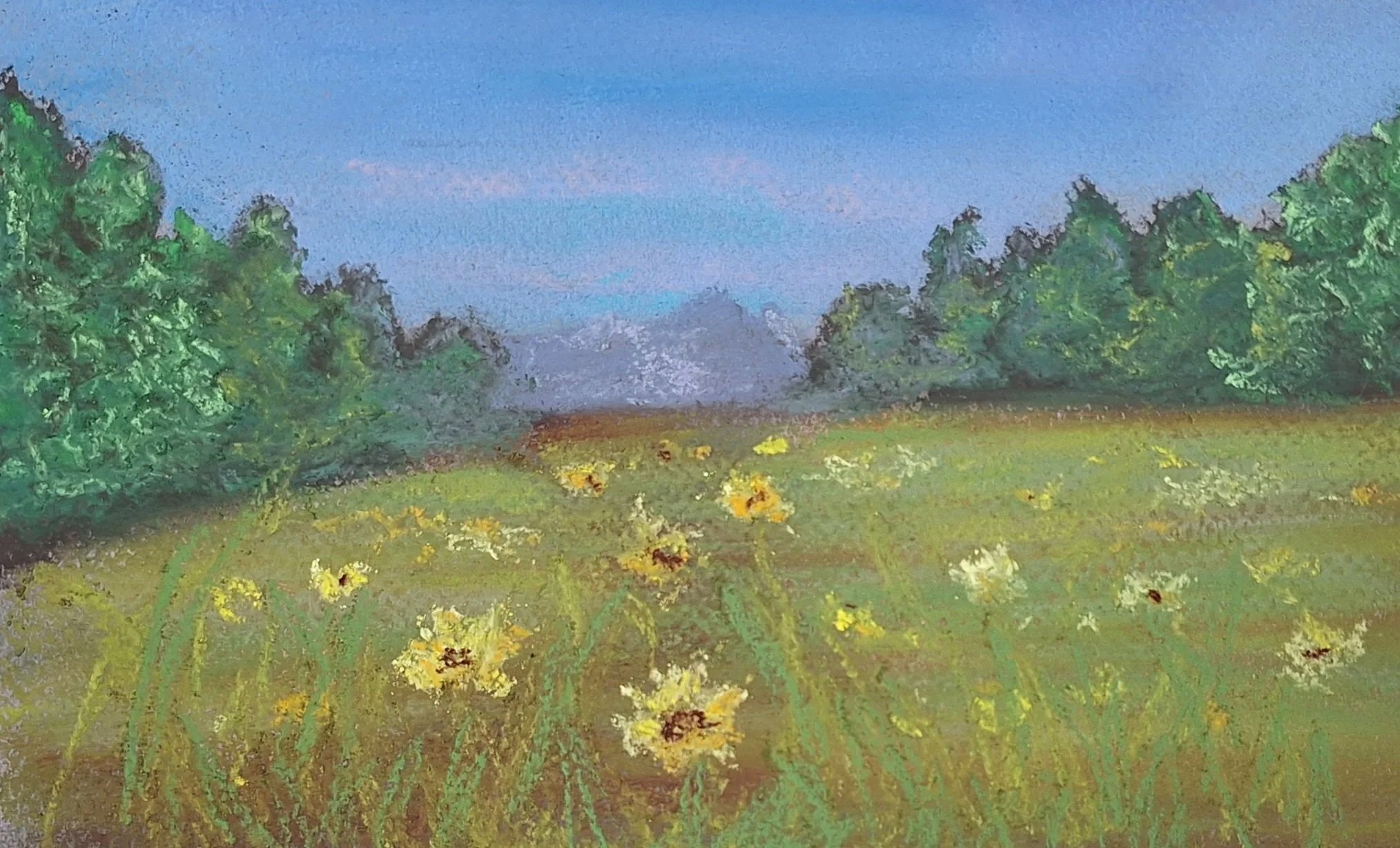 KATHY HUTCHINSON ~ 5 x 8, Strathmore grey paper unsanded with Richeson, Schmincke, and Rubens pastels - "Just a quick sketch to evaluate colors etc. I had no source, photo, etc. It's been a fun year of Adventures even though I've had little time to  