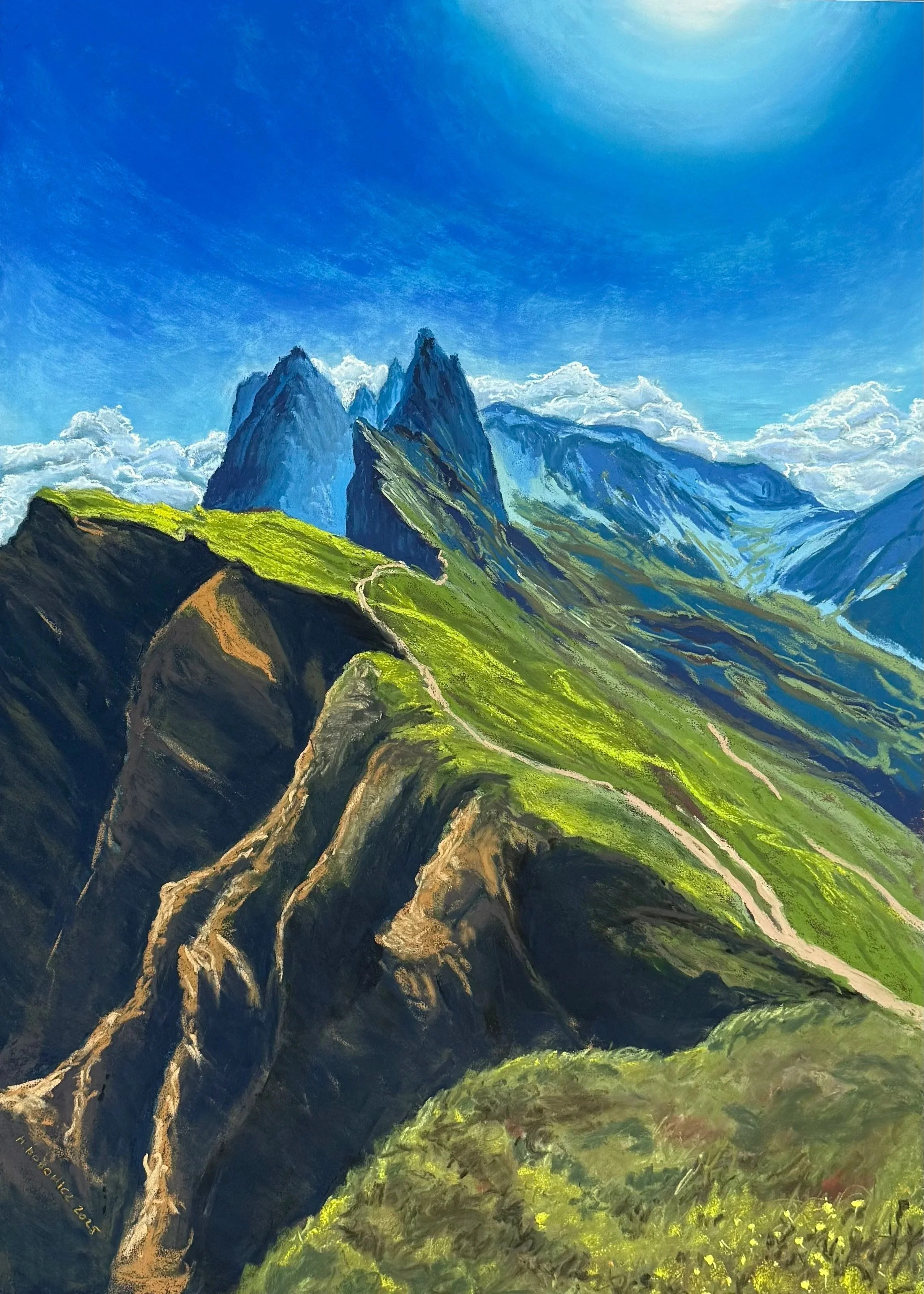 MACIEJ BOBOWICZ ~ " 'Seceda Mountain' depicts one of the most interesting mountain formations in the Dolomites, Italy. Several painters in various genres approached it, including soft pastels. I needed to give it a try. It was my first mountain paint