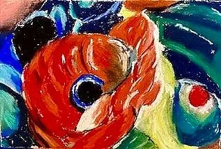 PAMELA CLIFFORD ~ "I focused on a small part of one of my favorite paintings in the Asheville Museum of Art: Poppies by James Henry Daugherty. I used mostly soft pastels with pastel pencils for fine lines on 8 x 6” Uart sanded paper. In the original,