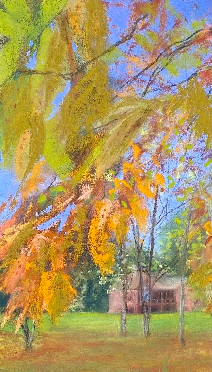 FRANKIE MILHORN ~ Autumn Musings, 10 x 8 - "As I was walking, and looking, and SEEING, I very much enjoyed all of the beautiful shapes and colors of the changing leaves all around me, and the depth of the area. This wasn't painted plein air because I