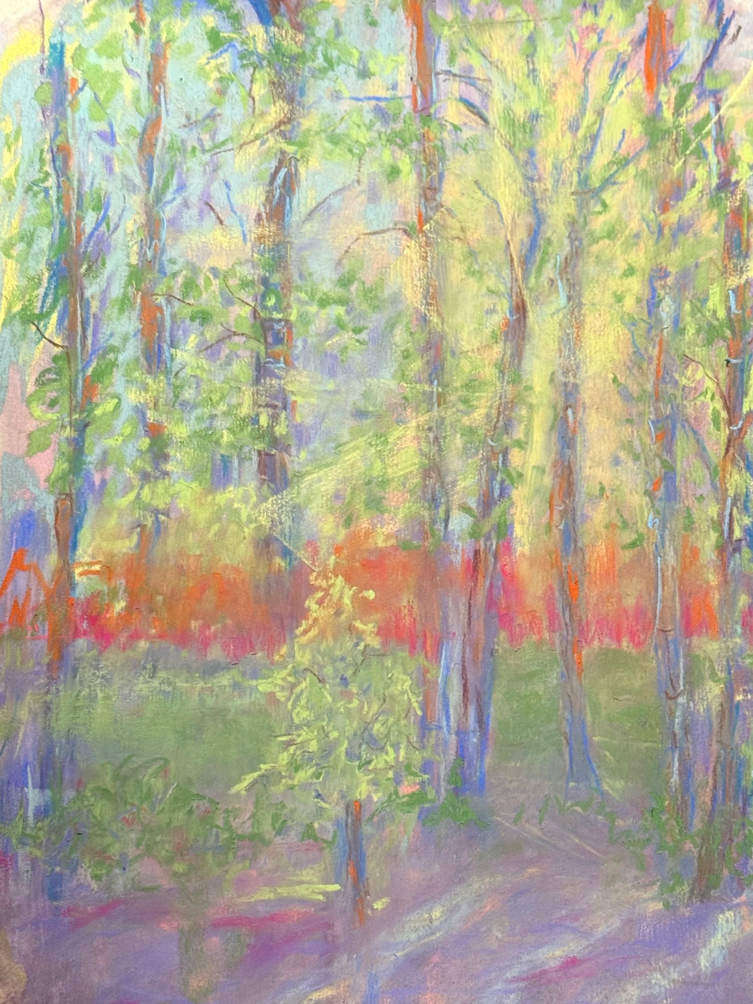 CATHARIN MCCARTHY BANTA ~ The Hidden Life of Trees by Peter Wohlleben, Uart 9x12, Terry Ludwig and Nupastels - "These trees are actually taken from a picture in my backyard. For many days this piece was many different shades of green and not fun at a
