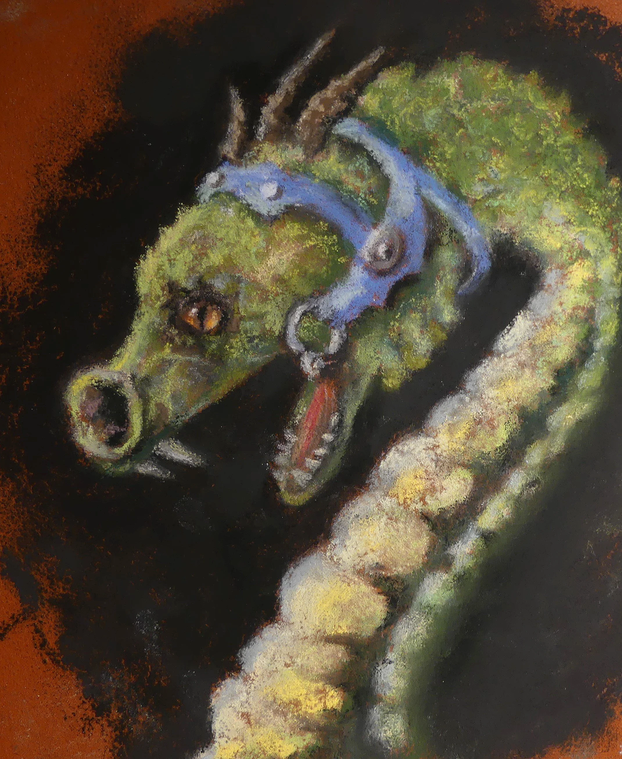 LINDA MEDDERS-JACKSON ~ How to Train Your Dragon, 7 x 5, mixed brands pastels and pencils - "Very quick attempt -used premiere paper and it did not
work well for or this subject that needed detail."