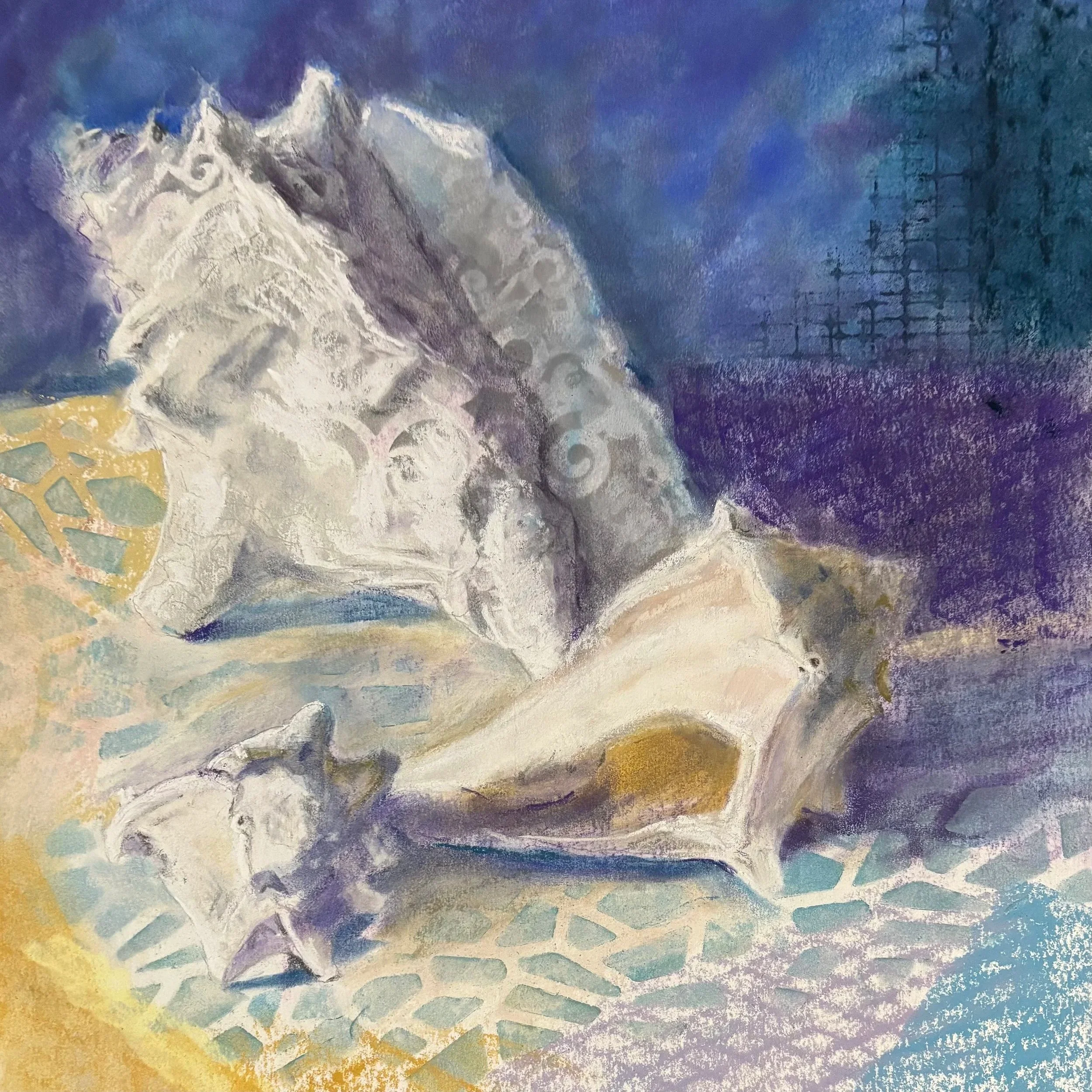 DEBORAH CHASE ~ Pastel Innovations, 12 x 12 - "Sometimes instead of laboring over a piece to 'get it right', it is fun to just mess around. The book "Pastel Innovations" involves stencils, rubbings, brayers, inks and other methods. I kept this one st
