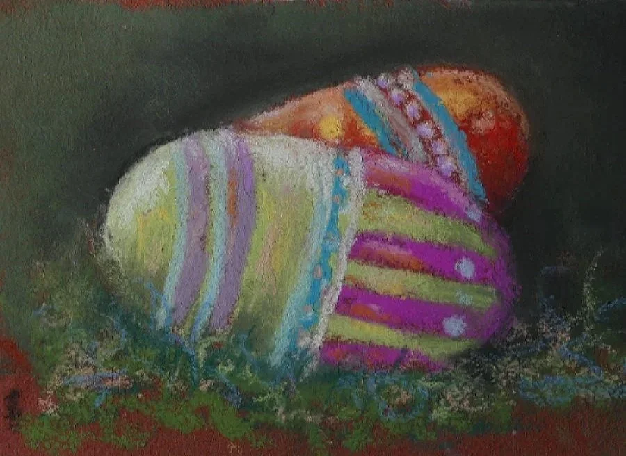 LINDA MEDDERS ~ Bunny Forgot a Couple Eggs, pastel pencils  and pastels on Canson smooth - "This is a 30 minute rush as I was one of the ones that accidently got the info yesterday and I was tied up with my husband being in the  hospital. HAPPY EASTE