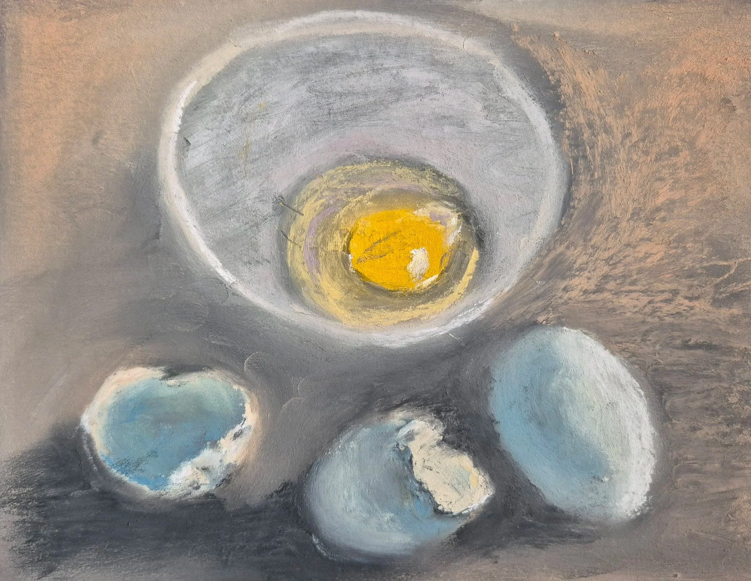 MARY ANN GRIB ~ Getting The Eggs Ready, 6 x 8, multi media paper primed with colorfix ground - "So yes, I missed the original email on the challenge so I had less than the desirable time to complete it... like an hour. I wish I had more time to prese