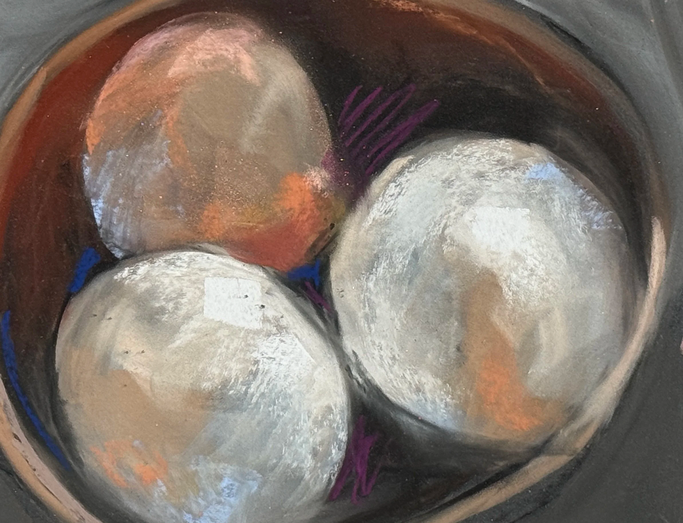 TERRILYN DUBREUIL ~ Just 3 Eggs In A Bowl, 8 x 10, mostly Pan Pastel on silicone carbide 1000 grit paper - "I often welcome these challenges because I invariably get so busy with teaching and such that I need a chance to just paint for fun. This gets