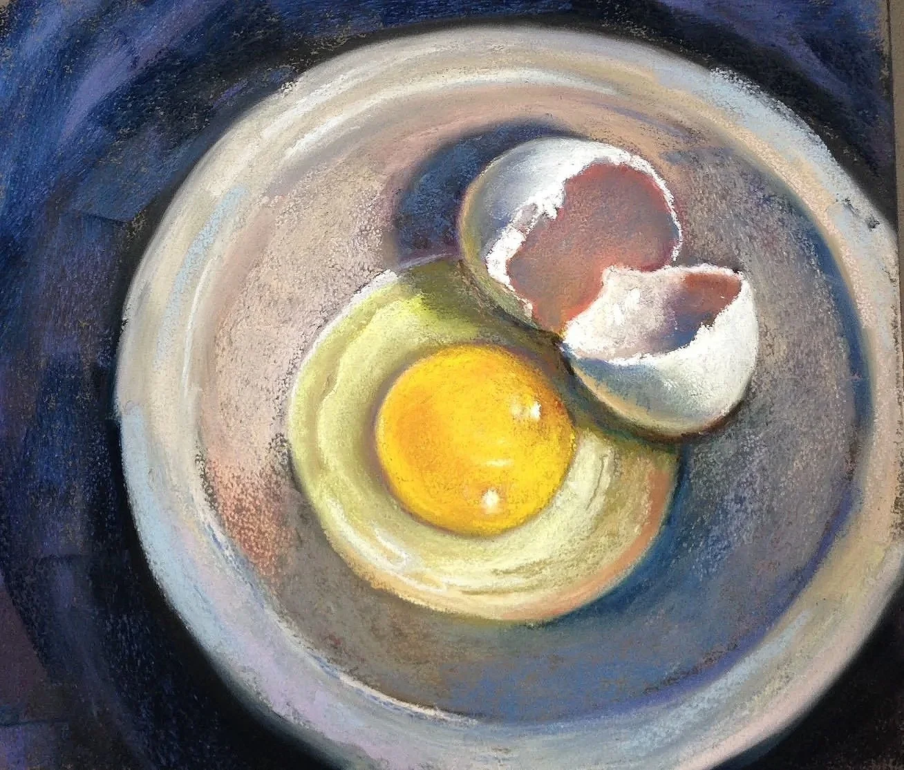 SUSAN PORGES ~ Eggsistential Crisis, 10 x 12, Uart 400 - "It was fun playing with the light and shadows and creating the inner glow of the shells. My goal was to keep my marks fresh and somewhat 'raw', while maintaining a variety of textures between 