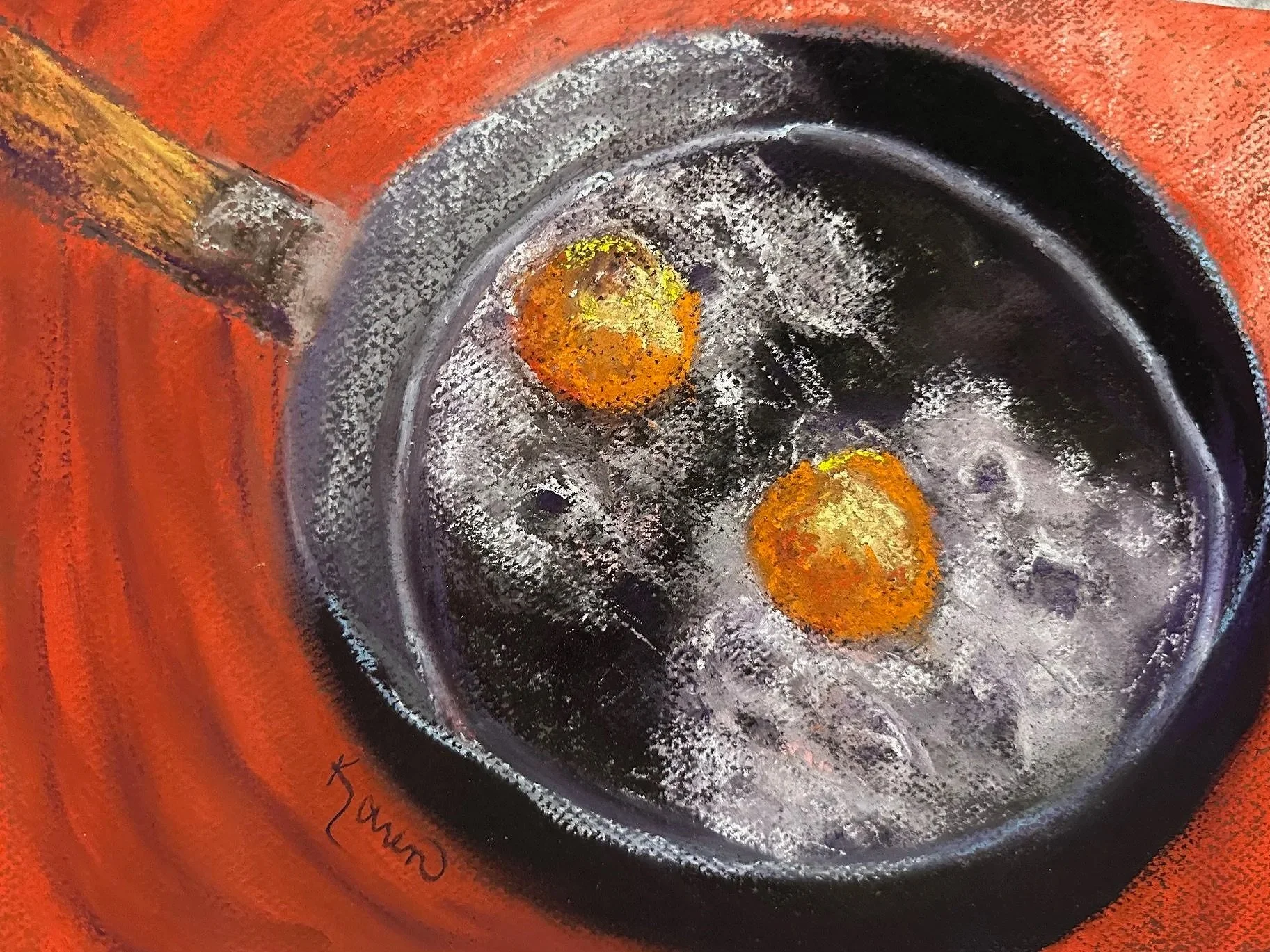 KAREN KNAUB ~ Sunny Side Up, 9 x 11 - "I enjoyed this challenge more then I thought I would. I used black Canson paper which is always a challenge to me. Used my fingers a lot to smooth out the pastels. I chose sunny side up eggs because I wanted to 