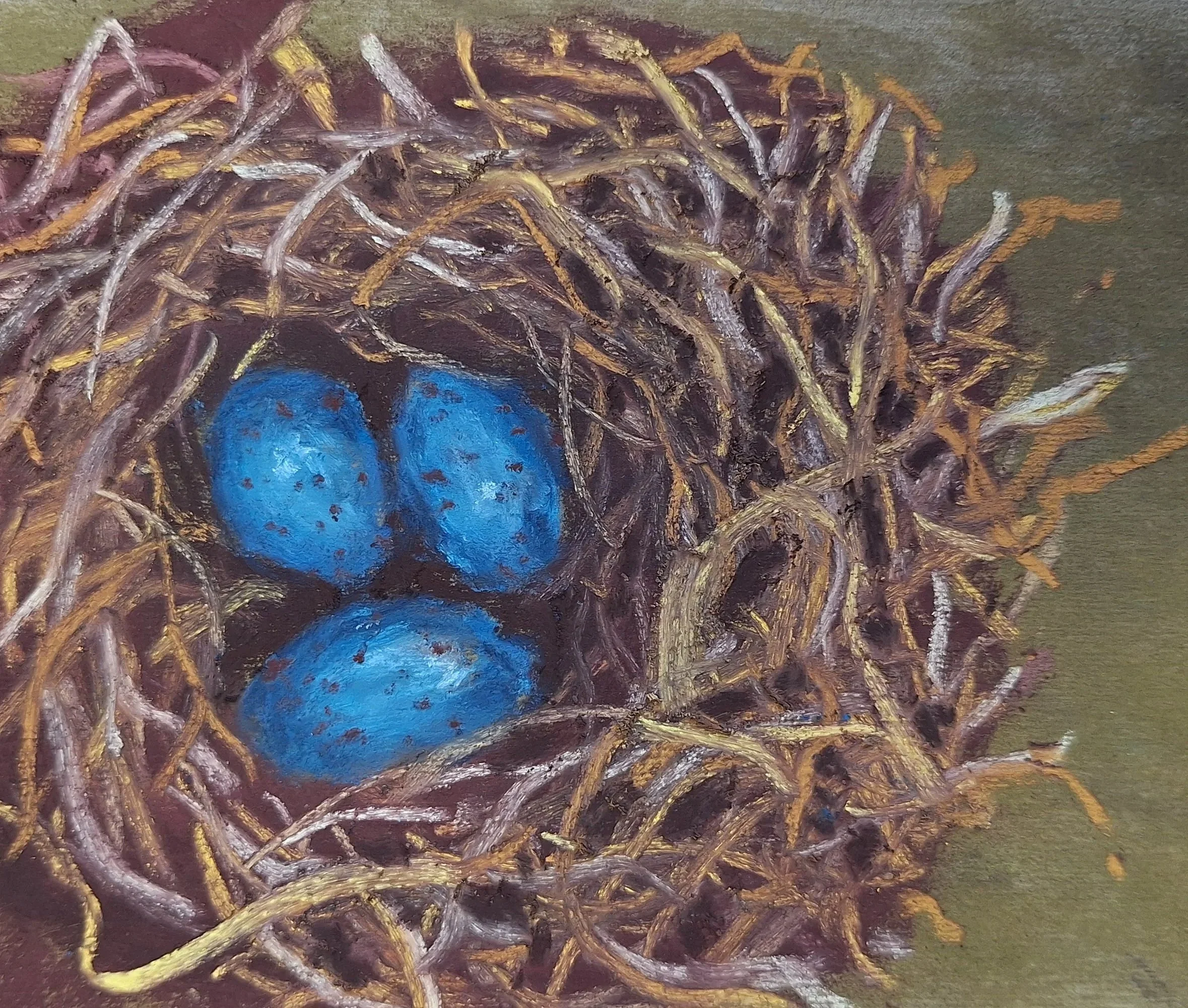 KATHY HUTCHINSON ~ It Is Spring After All, 5 x 6, various pastels on reclaimed Artspectrum soft umber sanded paper - "I'm enjoying this beautiful Spring weather even with the wild fluctuations in temperatures. 
What  better way to honor the rebirth t