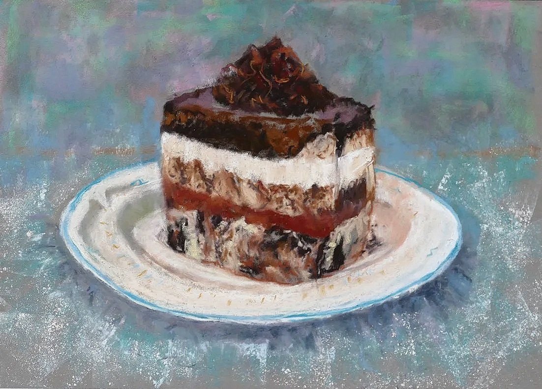 MERYL MEYER ~ Napoleon Dessert, 8 x 11, soft pastels, grey Pastel Mat paper - "When I get a craving for cake it must be satisfied. This sweet, layered chocolate, cake with pastry cream, beckoned me and was delicious. It put a huge smile on my face an