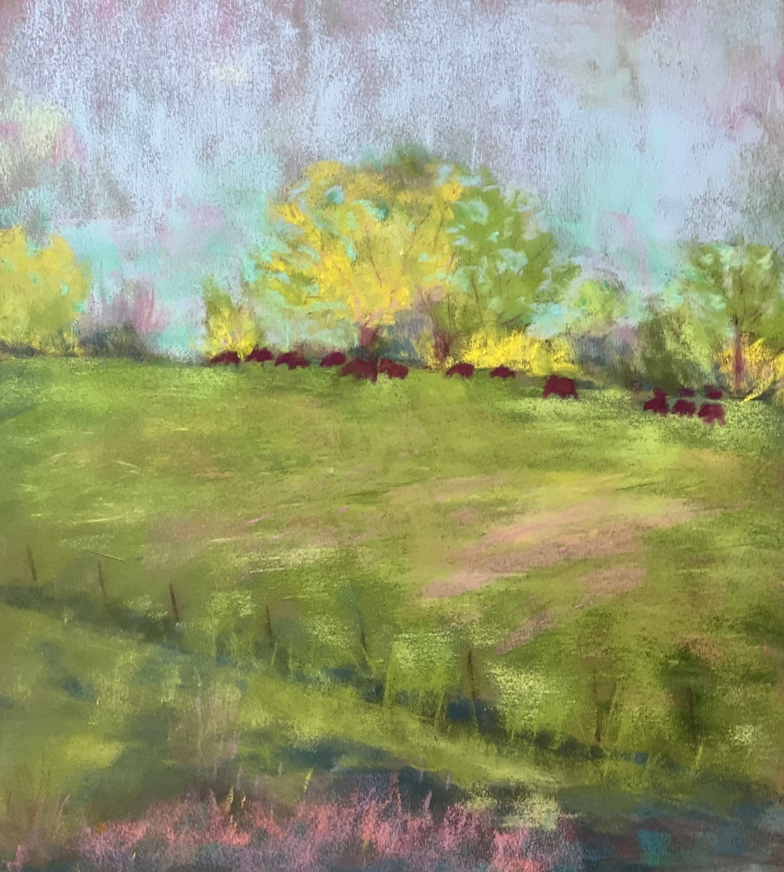 LISA DAIGLE ~ Gibbet Hill in Springtime, 13 x 11, Canson Velvet Pistachio Green paper, mostly Earthberry Pastels other than underpainting - "Ten thousand flowers in spring, the moon in autumn, A cool breeze in summer, snow in winter. If your mind isn