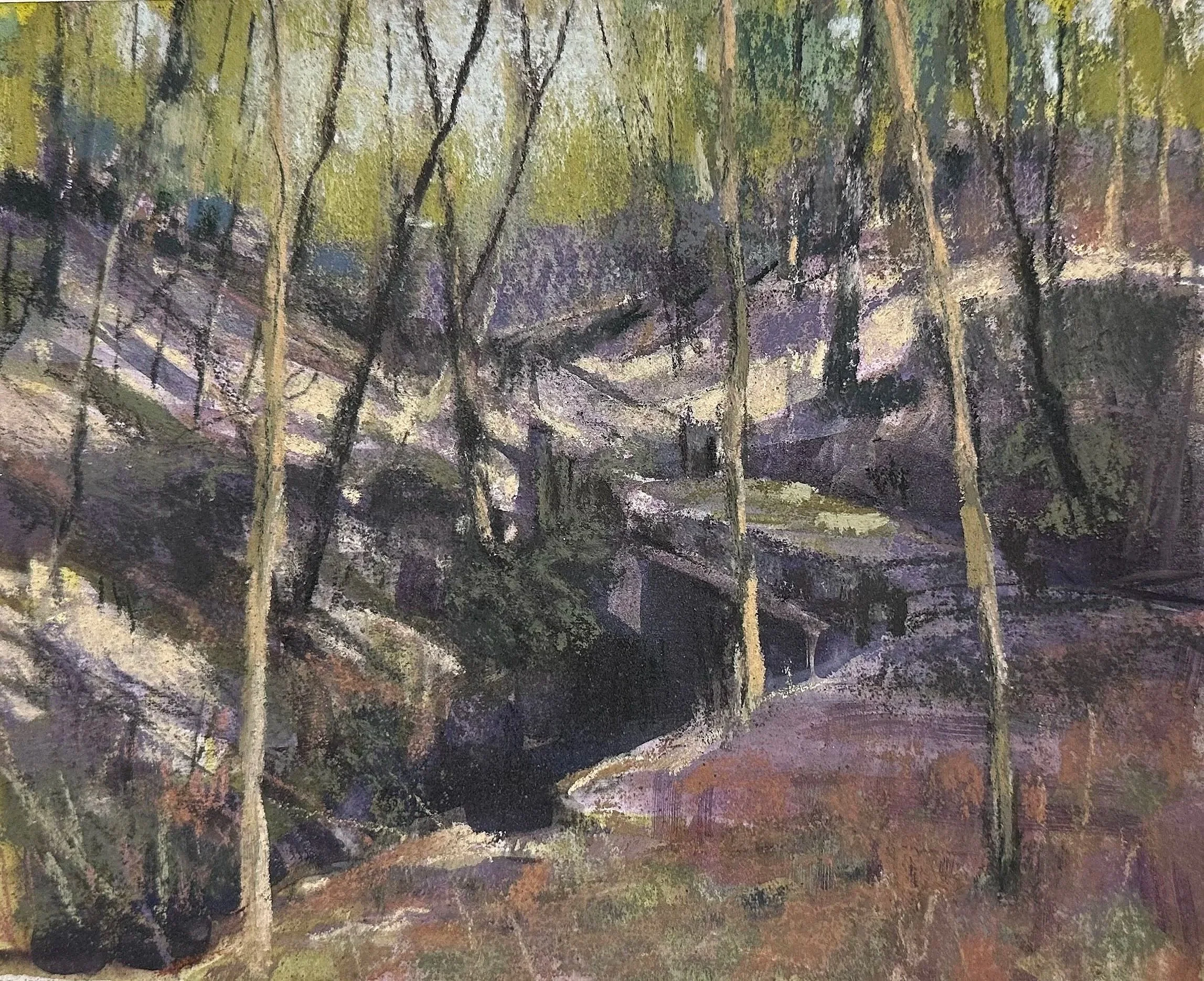 PAT QUIGLEY ~ Mine Creek Woods, 6 x 8, soft pastels on gesssoed bristleboard - "Woods along small creeks are a favorite place for me and one that I return to throughout the year to see changes in color and mood. My other favorite thing is to do small