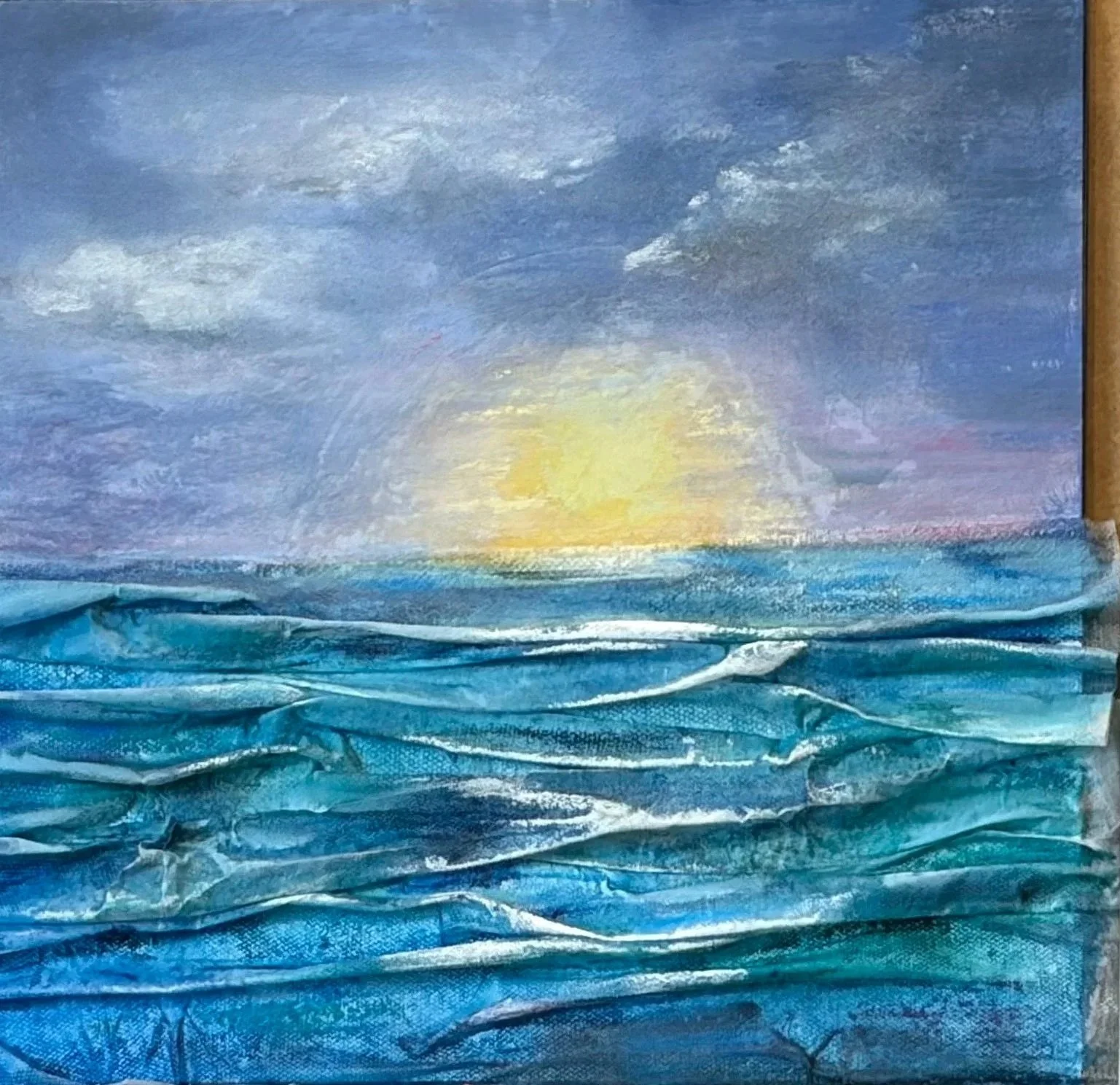 CAROL ROLLICK ~ 12 x 12 and 6 x 12 -"EXPERIMENTING!!!!! Is my favorite thing!!!!
I have intentionally left the fabric from the waves sticking out of the edge of the photo to show that technique. This is painted on padded Mylar 9 and has a great deal 